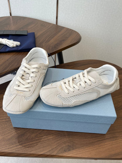 Prada Low-Top Sneakers Off White Mesh Suede 727612