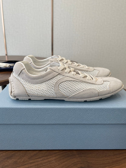 Prada Low-Top Sneakers Off White Mesh Suede 727612