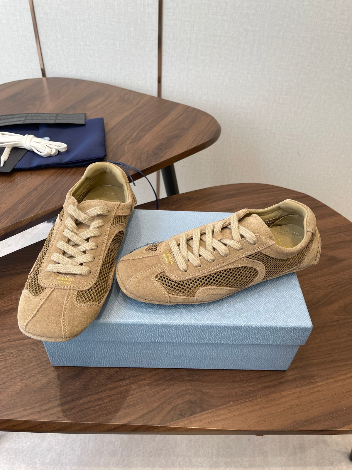 Prada Low-Top Sneakers Beige Mesh Suede 727613