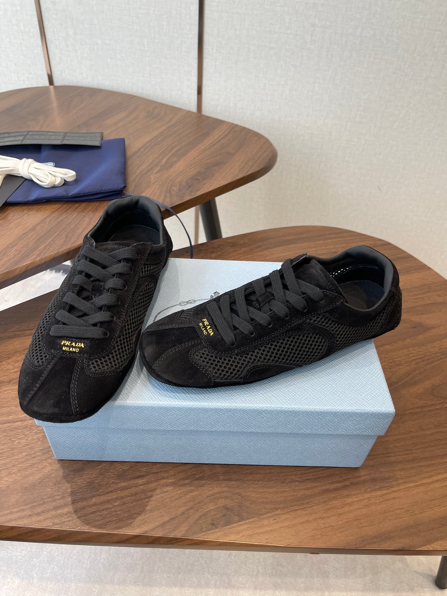 Prada Low-Top Sneakers Black Mesh Suede 727614