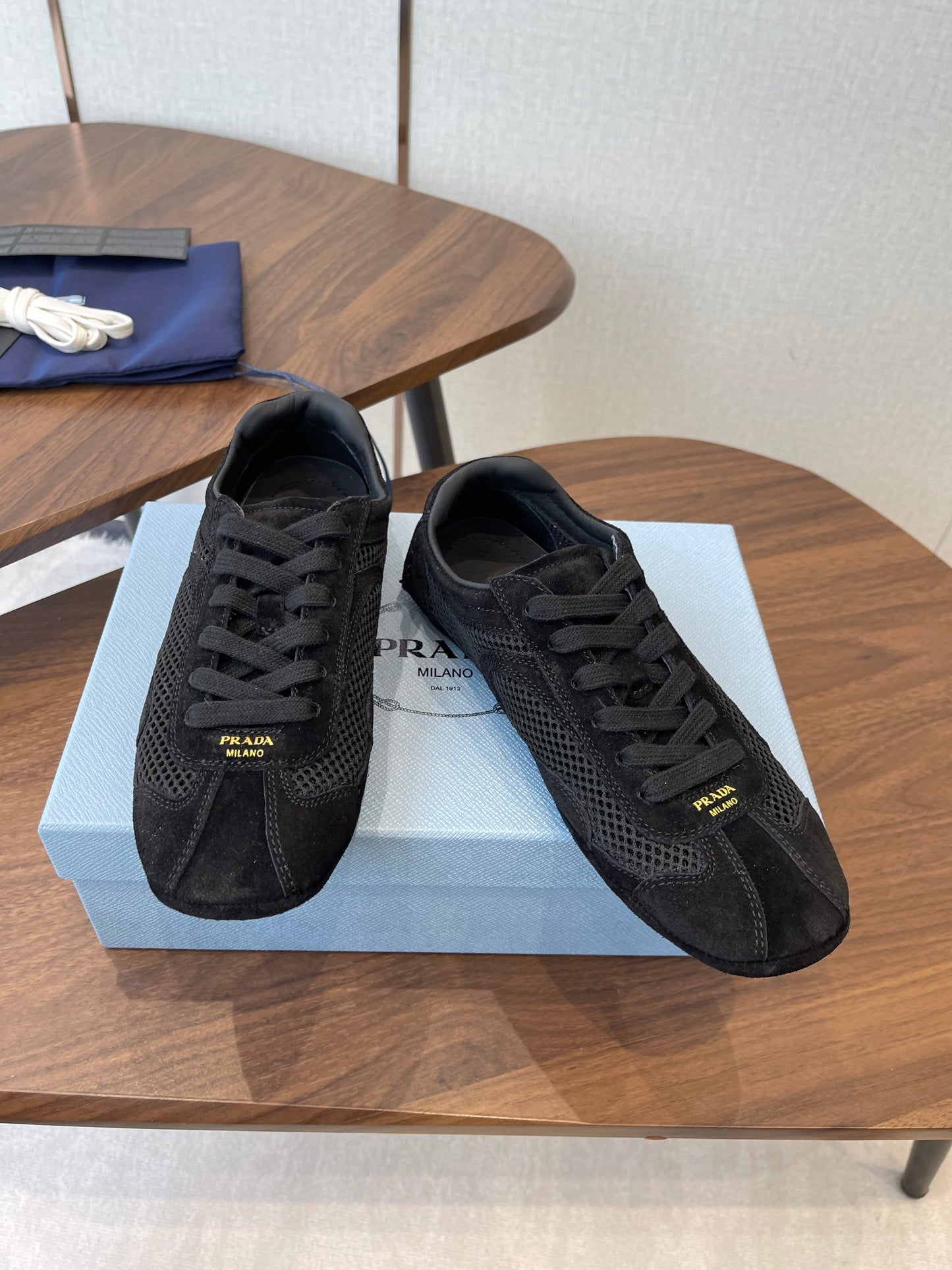Prada Low-Top Sneakers Black Mesh Suede 727614