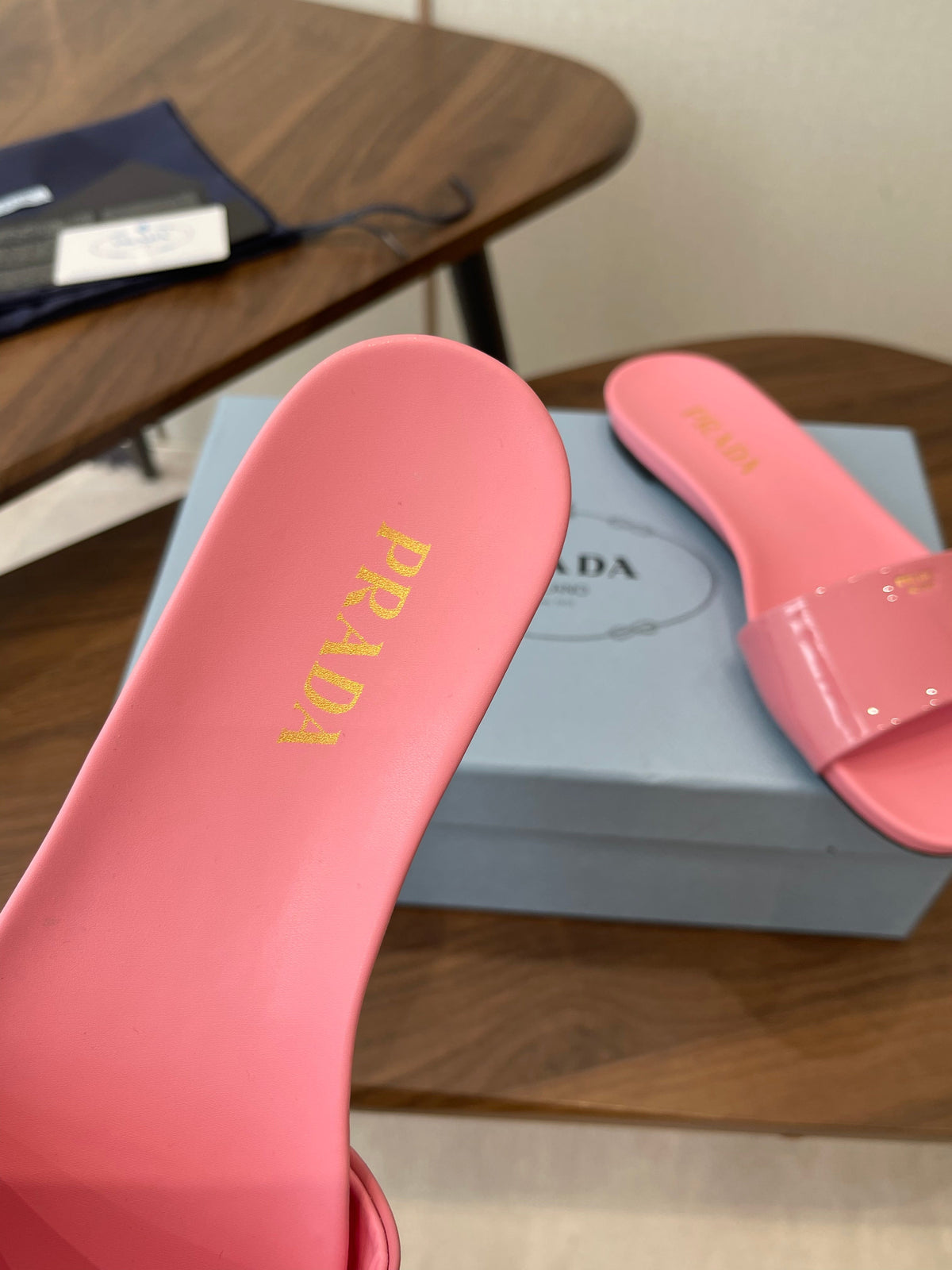 Prada Logo Slides Light Pink Patent Leather 727618