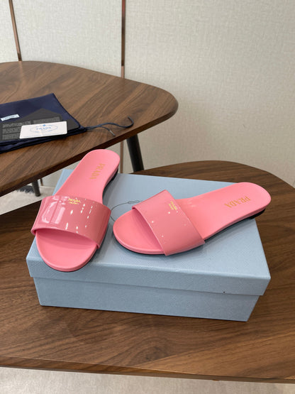 Prada Logo Slides Light Pink Patent Leather 727618