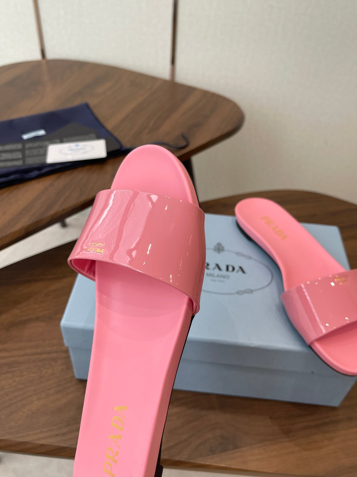 Prada Logo Slides Light Pink Patent Leather 727618