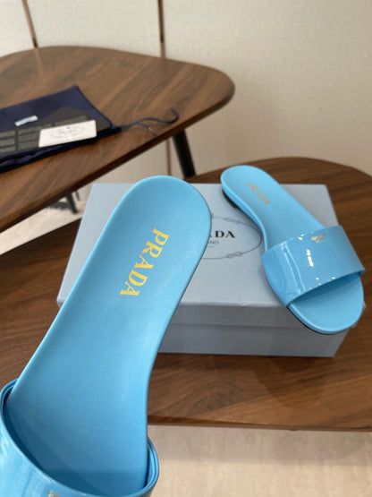 Prada Logo Slides Light Blue Patent Leather 727619