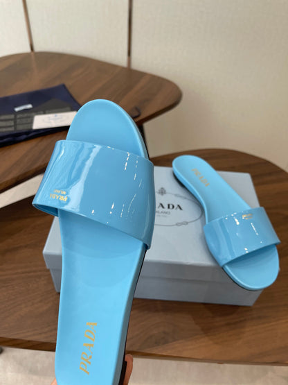 Prada Logo Slides Light Blue Patent Leather 727619