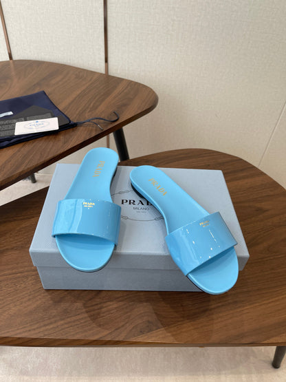 Prada Logo Slides Light Blue Patent Leather 727619