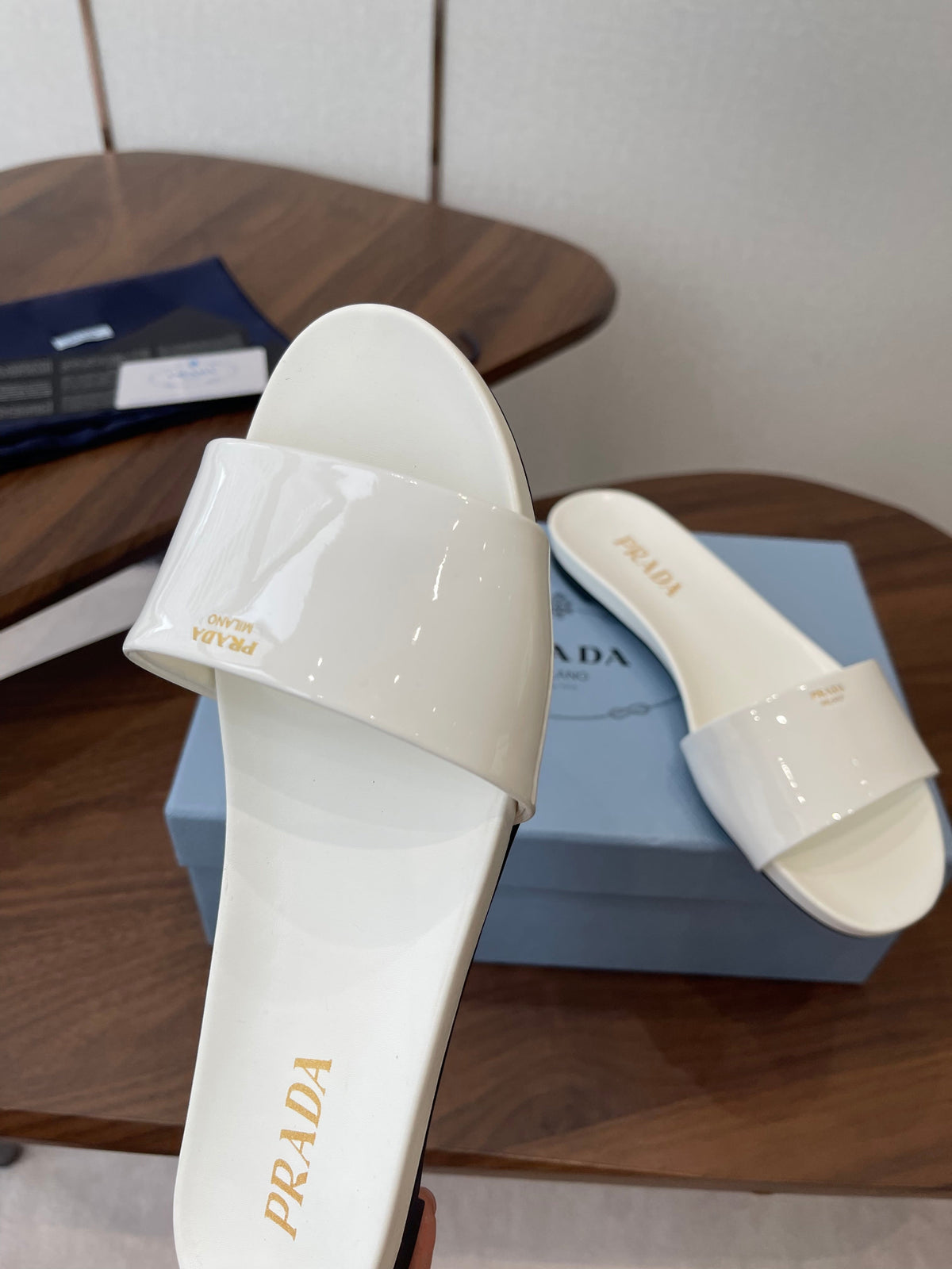 Prada Logo Slides White Patent Leather 727620