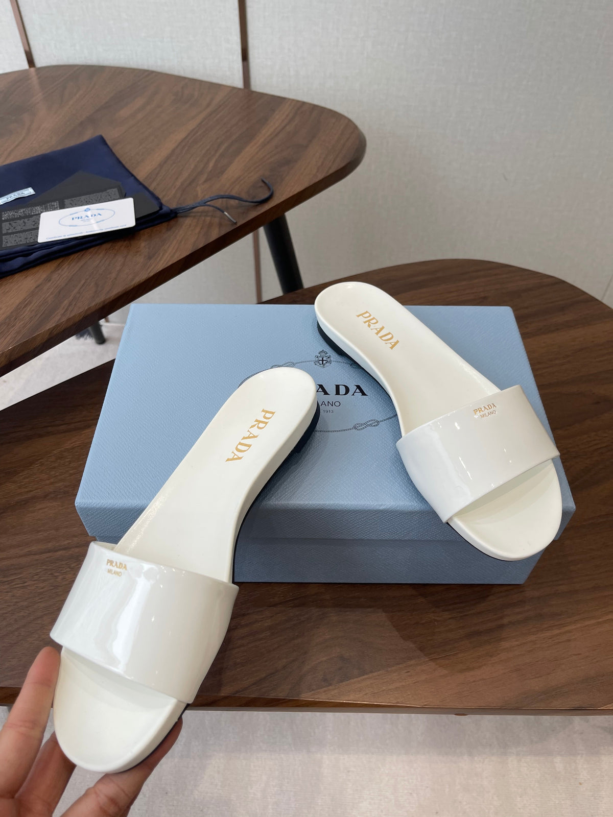 Prada Logo Slides White Patent Leather 727620