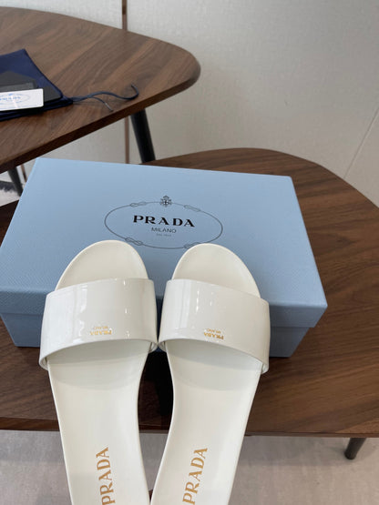 Prada Logo Slides White Patent Leather 727620