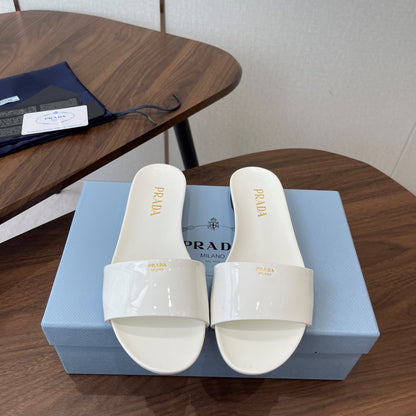 Prada Logo Slides White Patent Leather 727620