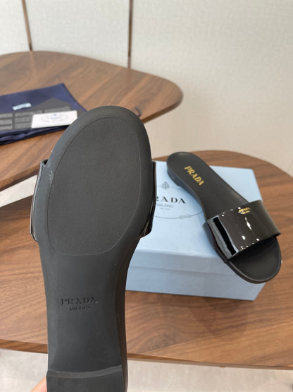 Prada Logo Slides Black Patent Leather 727621