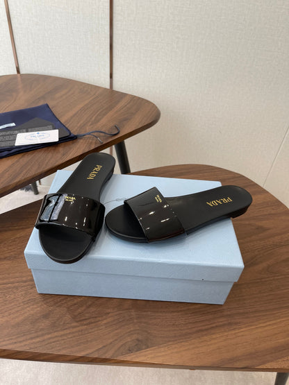 Prada Logo Slides Black Patent Leather 727621