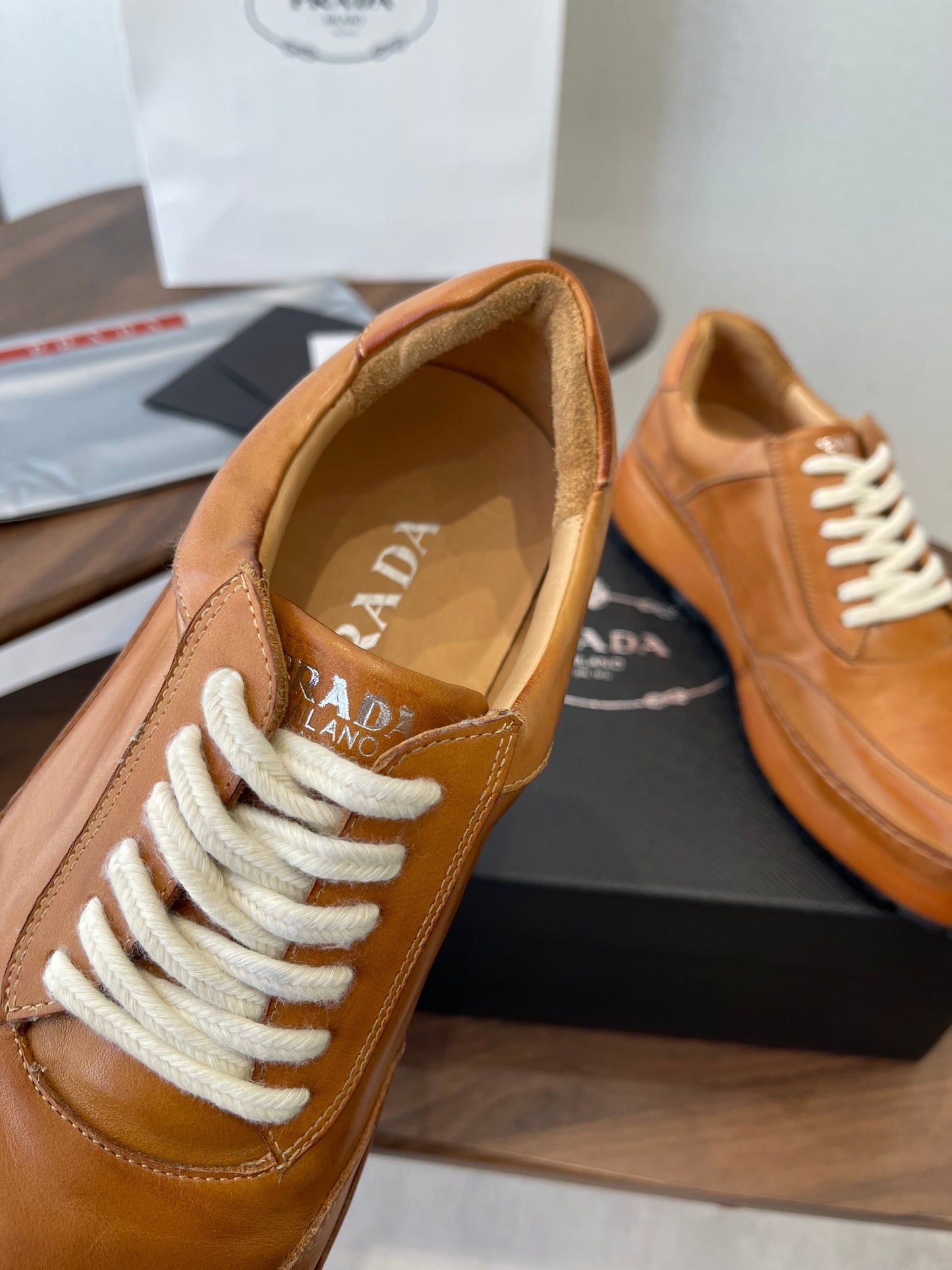 Prada Downtown Sneaker Brown Shiny Leather 727637
