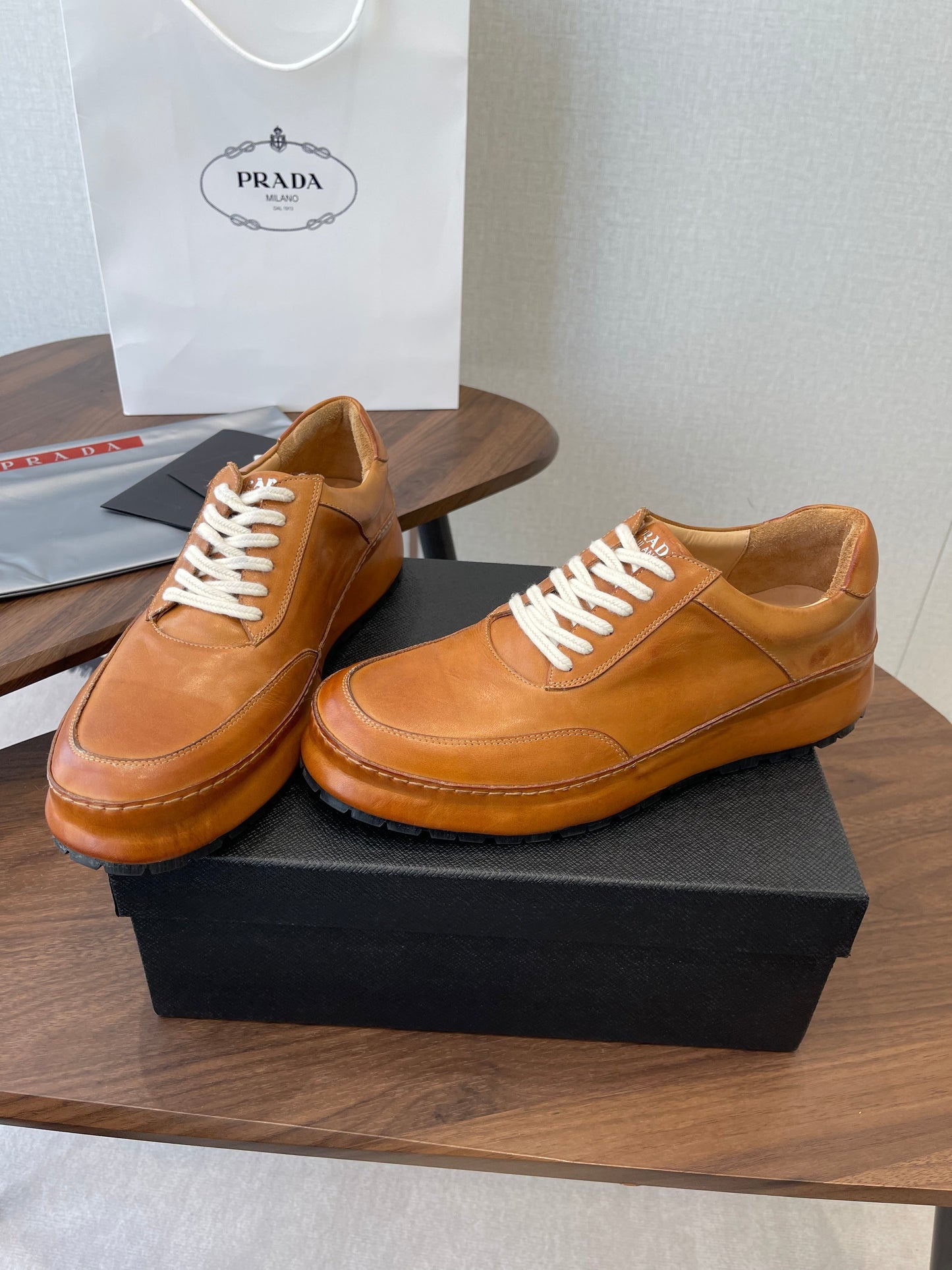Prada Downtown Sneaker Brown Shiny Leather 727637