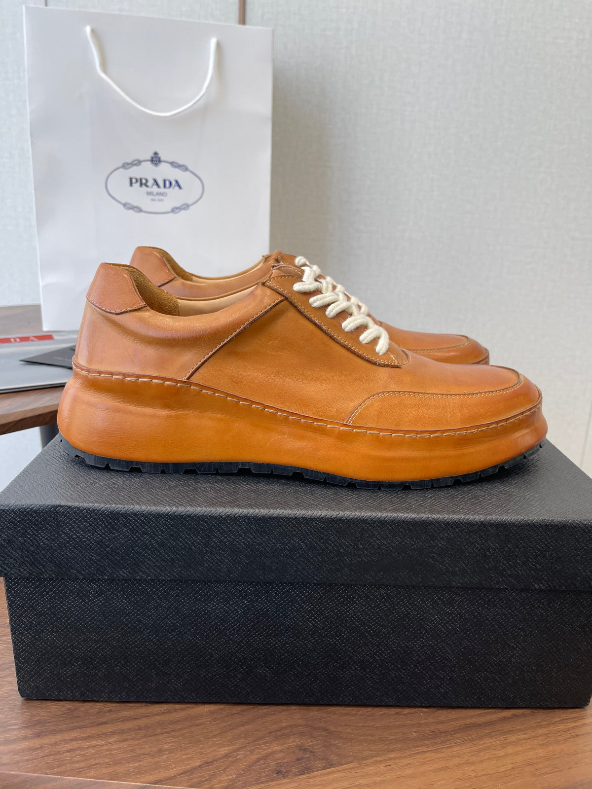 Prada Downtown Sneaker Brown Shiny Leather 727637