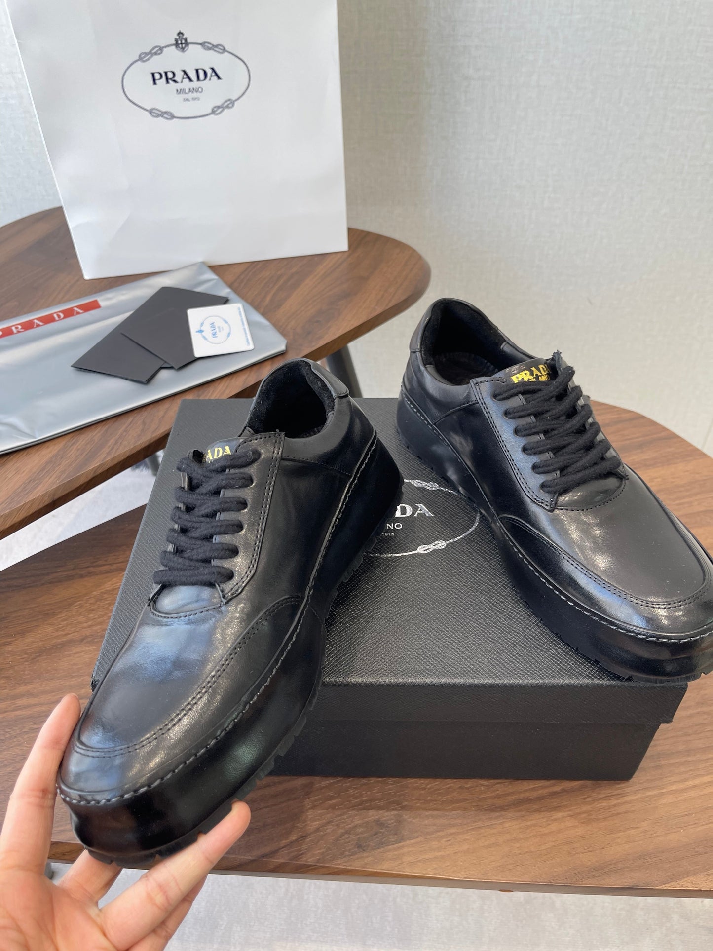 Prada Downtown Sneaker Black Shiny Leather 727638