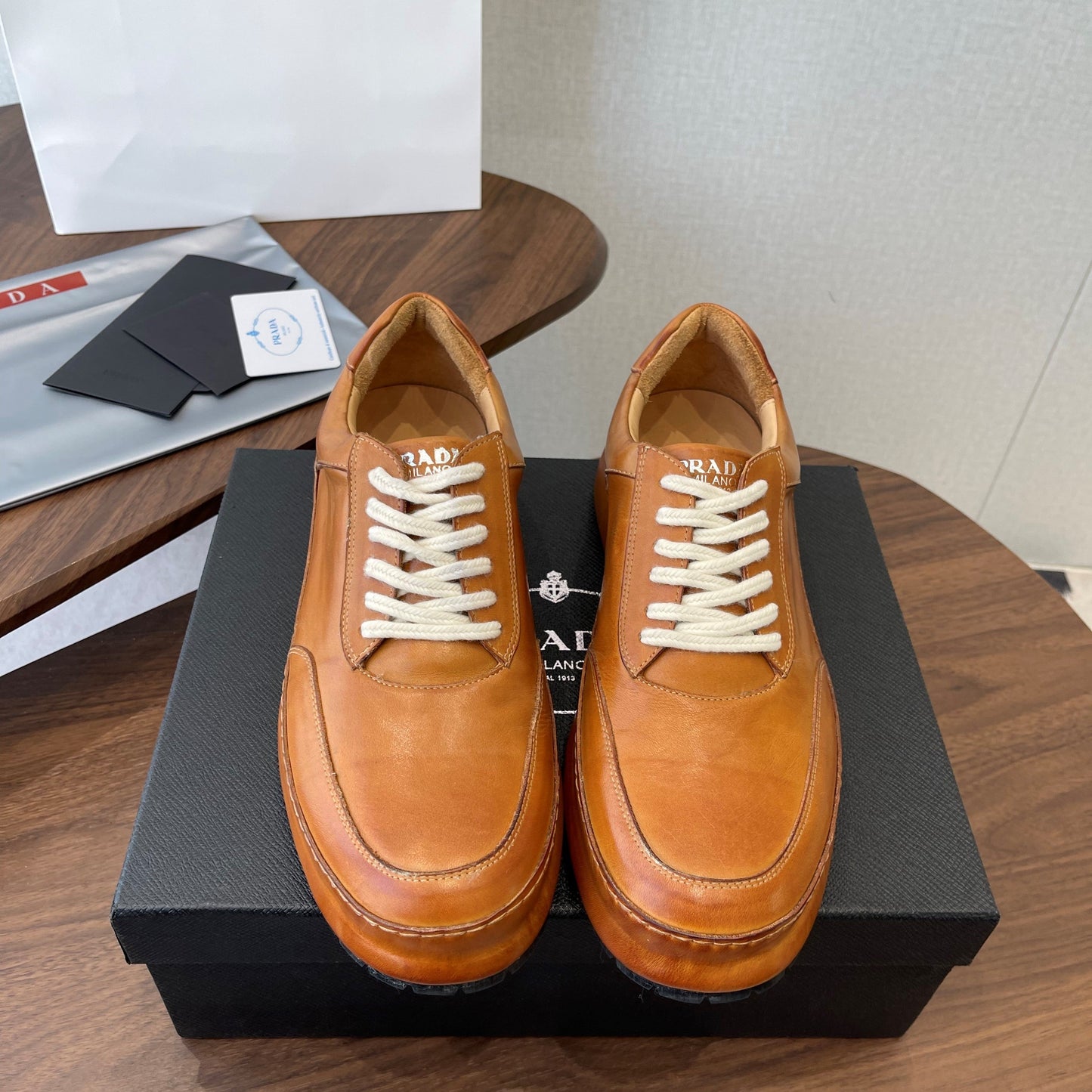 Prada Downtown Sneaker Brown Shiny Leather 727637