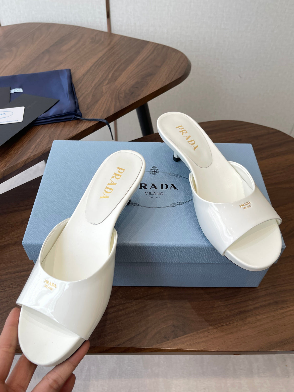Prada Kitten Heel Sandals White Patent Leather 727641