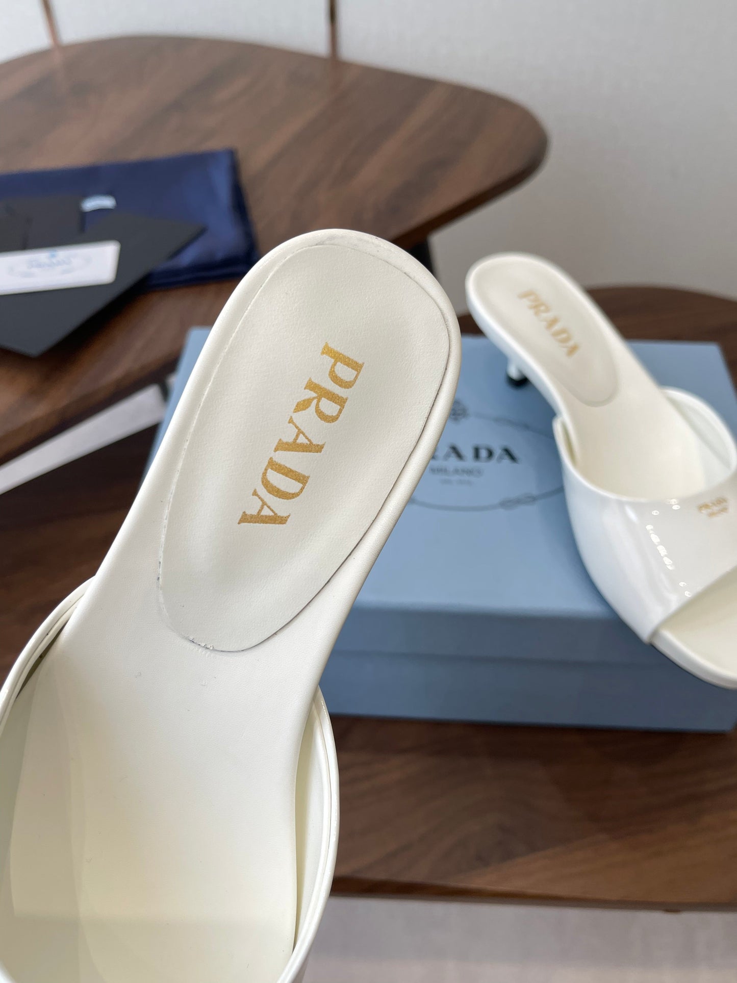 Prada Kitten Heel Sandals White Patent Leather 727641
