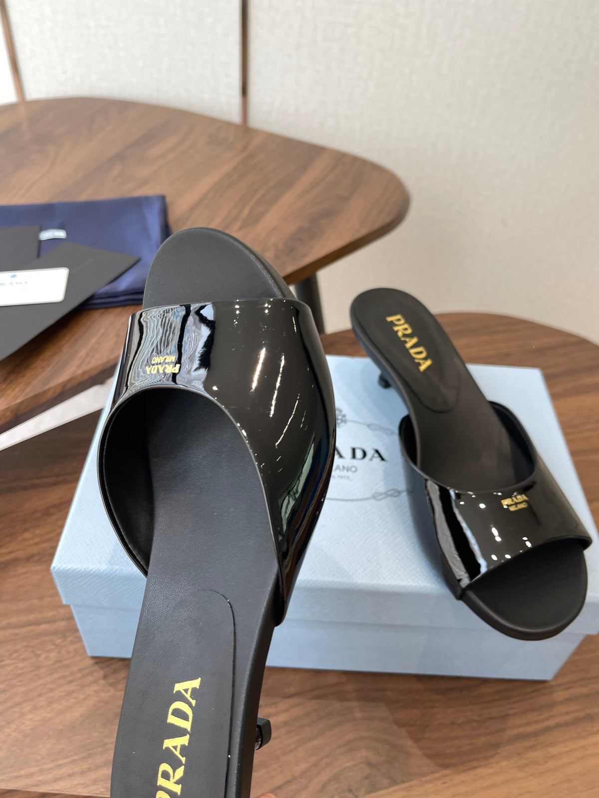 Prada Kitten Heel Sandals Black Patent Leather 727643