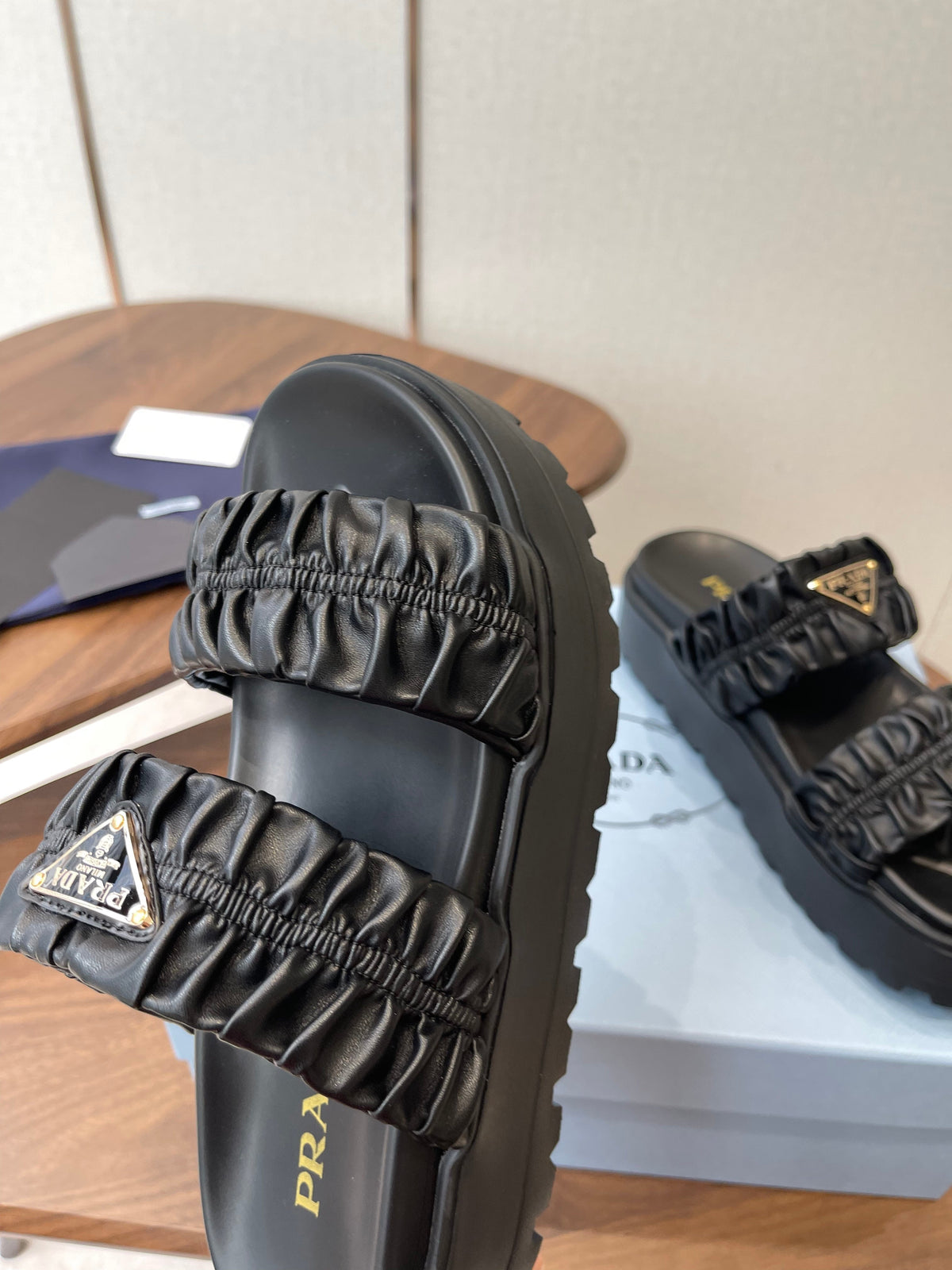 Prada 26s Flatform Slides Black Matelassé Leather 727650