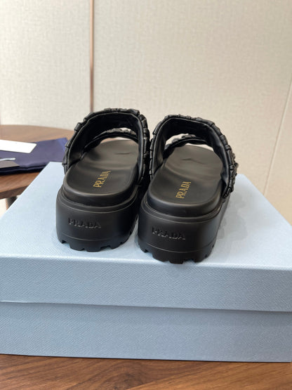 Prada 26s Flatform Slides Black Matelassé Leather 727650