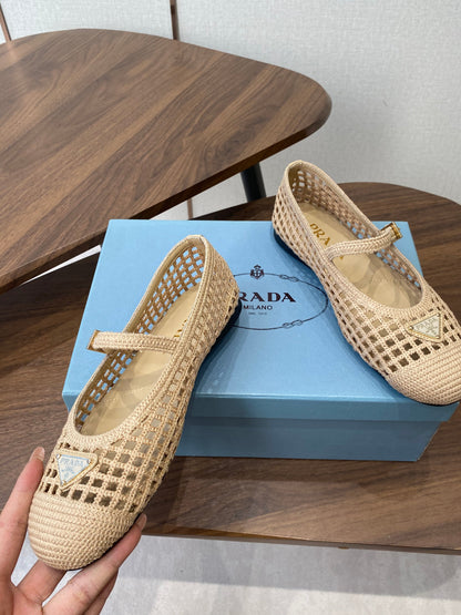 Prada 26s Ballet Flat Light Beige Leather Fabric 727660