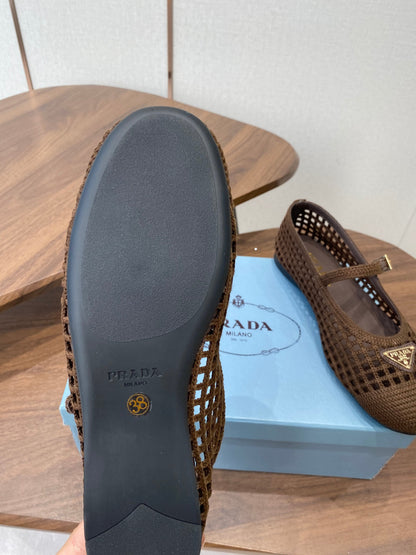 Prada 26s Ballet Flat Coffee Leather Fabric 727665