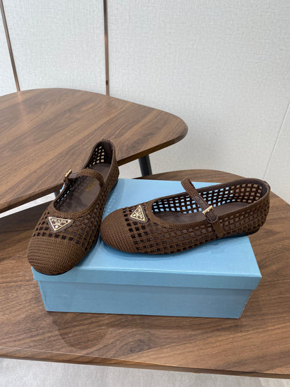 Prada 26s Ballet Flat Coffee Leather Fabric 727665