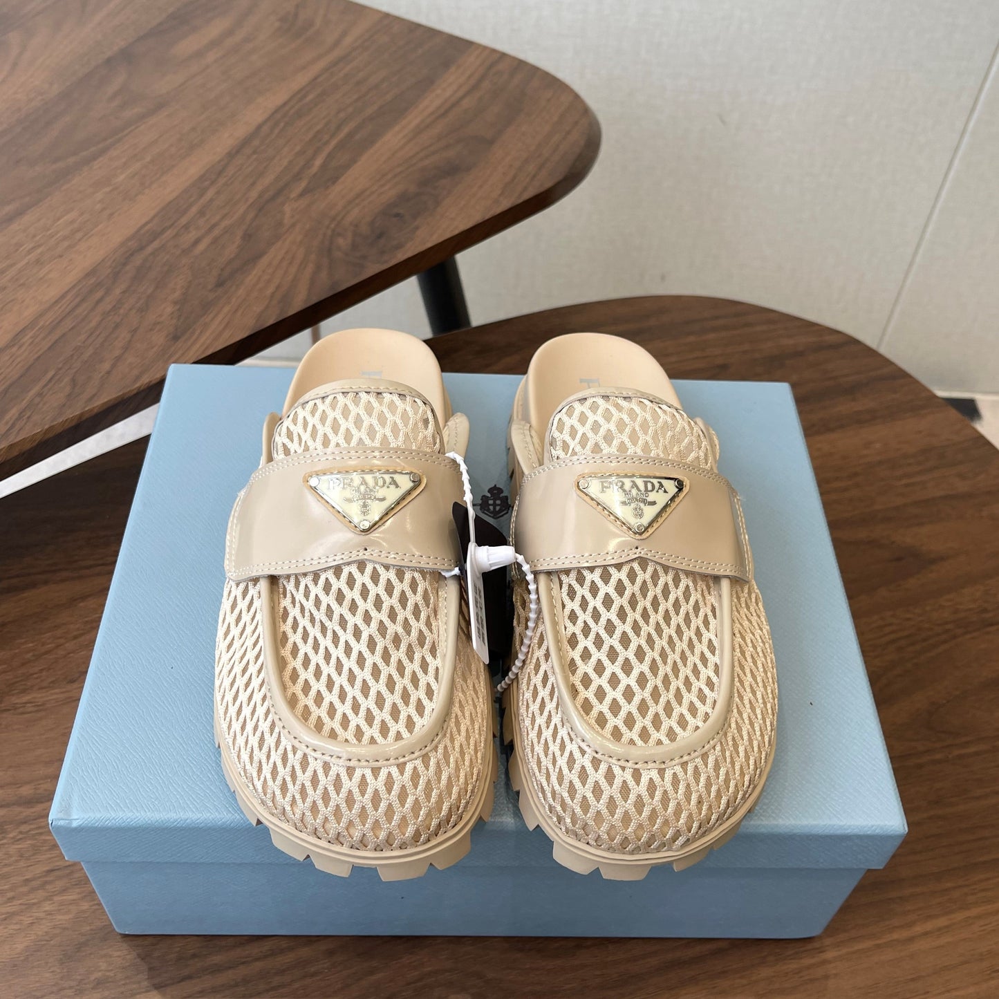 Prada 26s Mules Light Beige Mesh Fabric 727677