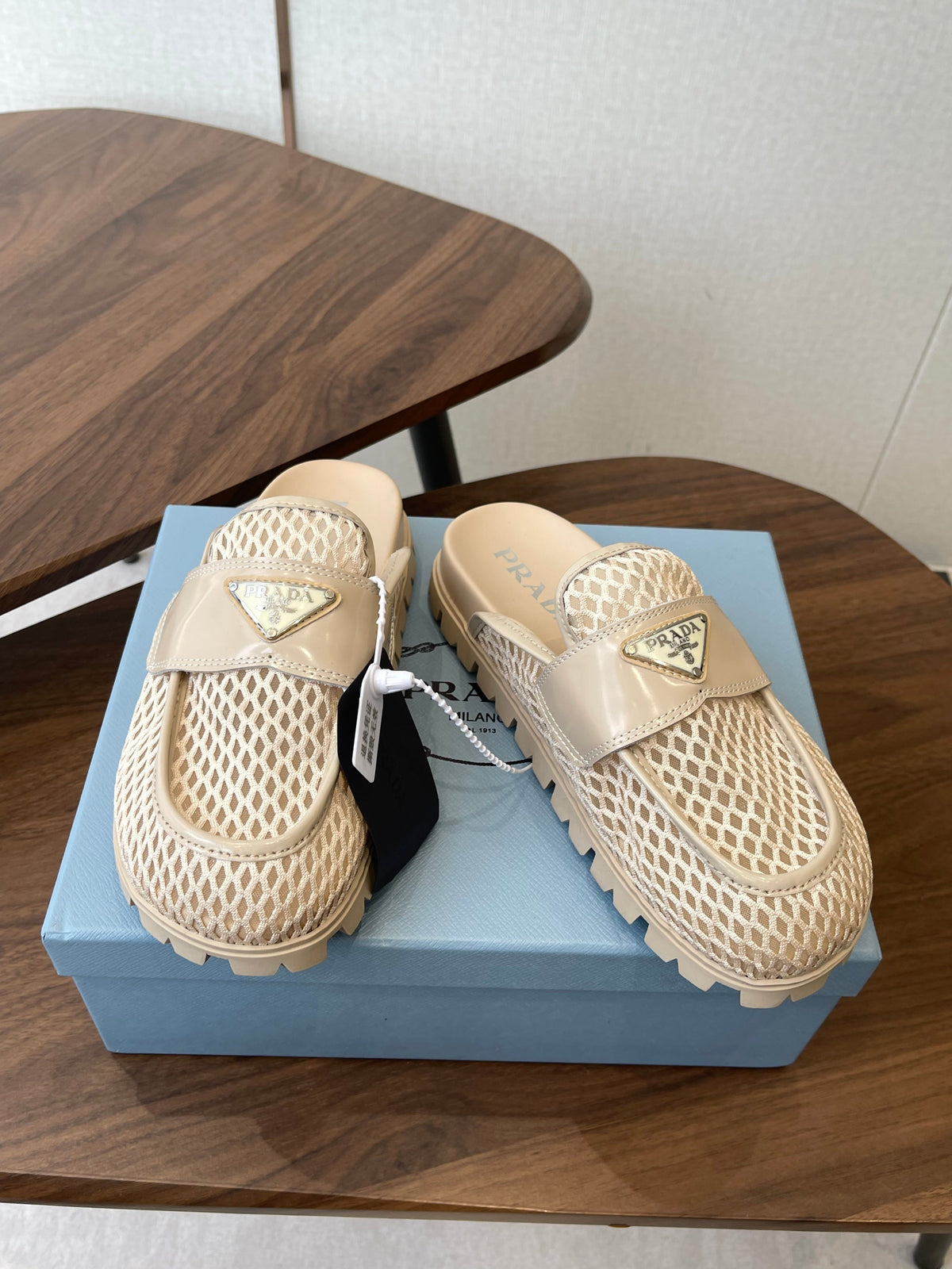 Prada 26s Mules Light Beige Mesh Fabric 727677