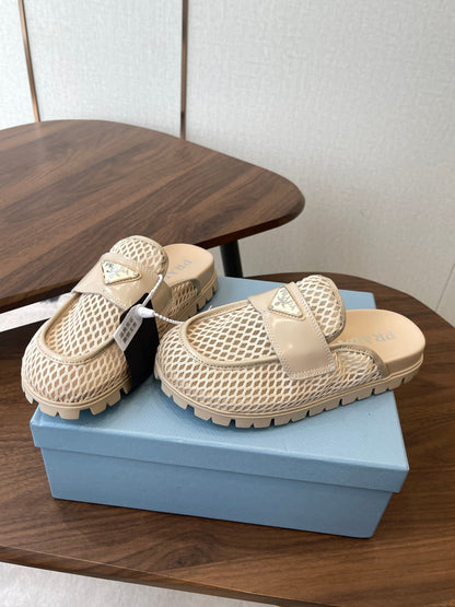 Prada 26s Mules Light Beige Mesh Fabric 727677
