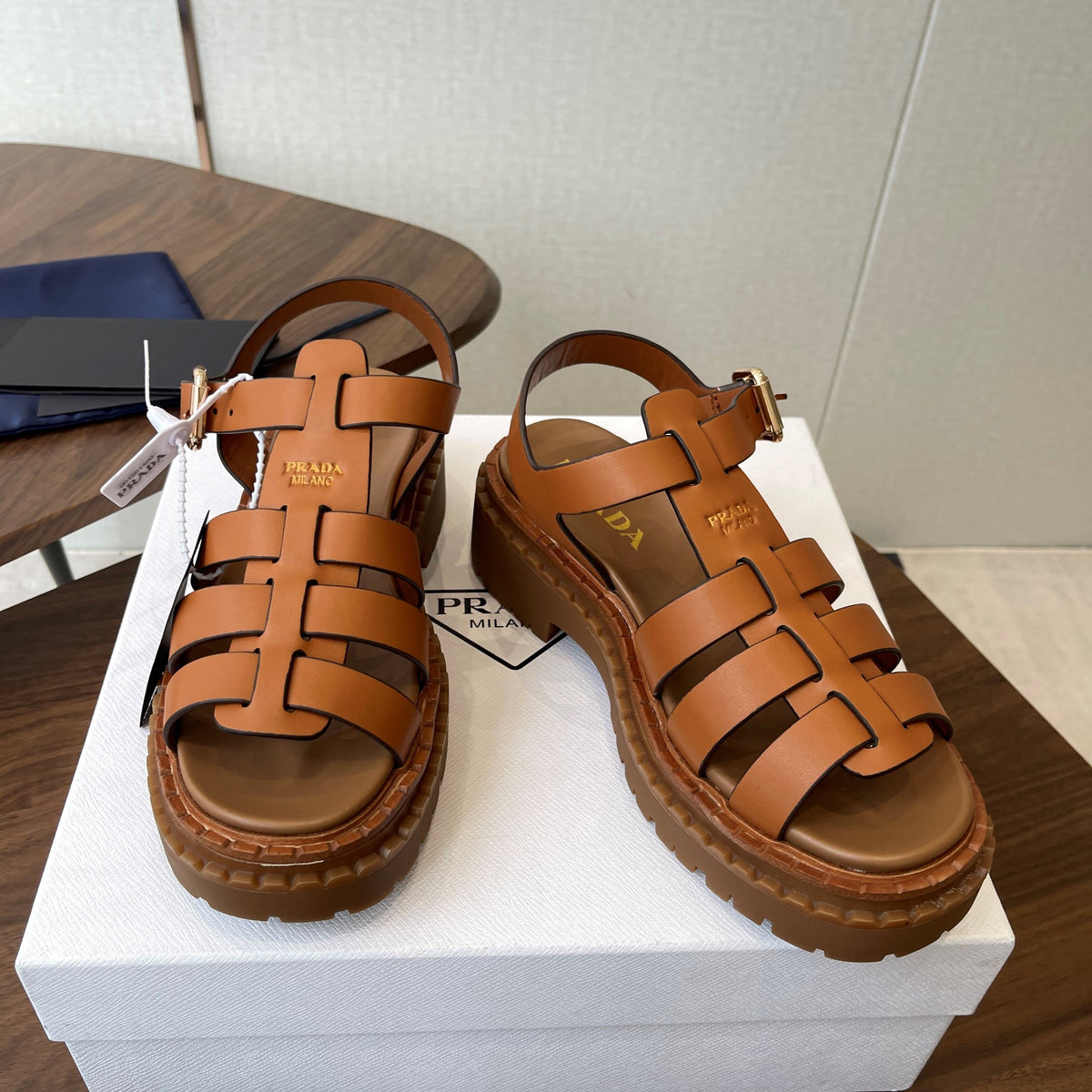 Prada Strappy Sandals 5.5cm Brown Leather 728557
