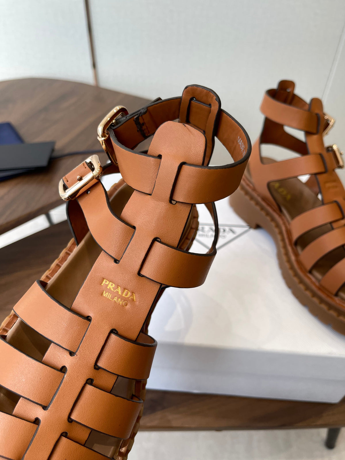 Prada Strappy Sandals 5.5cm Brown Leather 728561