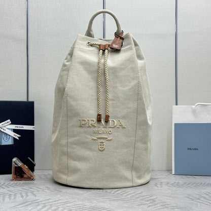 Prada 25s Drawstring Backpack 55 In Beige Canvas Linen Silver Hardware
