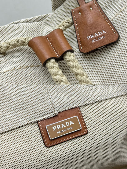 Prada 25s Drawstring Backpack 55 In Beige Canvas Linen Silver Hardware