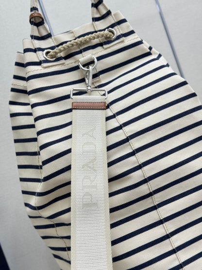 Prada 25s Drawstring Backpack 55 In Horizontal Stripes Canvas Silver Hardwre