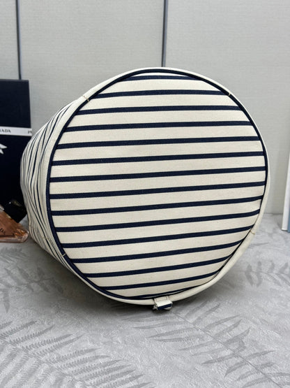Prada 25s Drawstring Backpack 55 In Horizontal Stripes Canvas Silver Hardwre