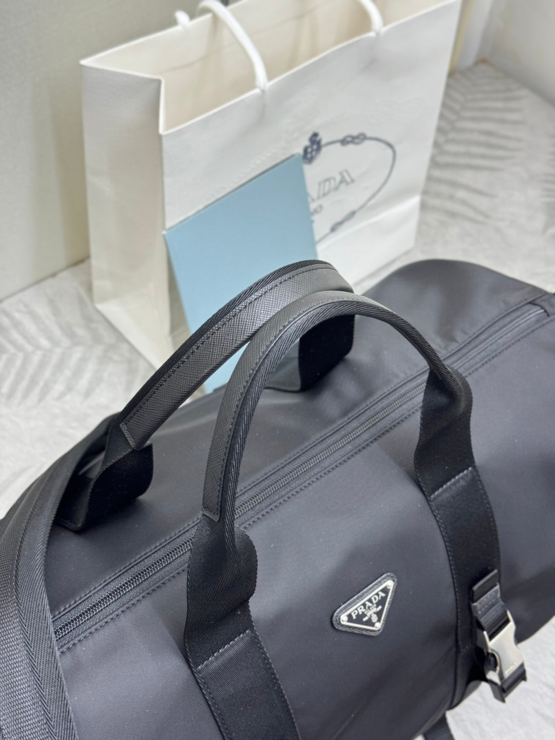 Pra Duffle Bag Black Re-Nylon Saffiano Leather