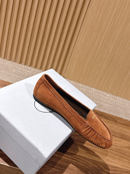 Prada 26s Loafers Tan Ruffled Suede 974897
