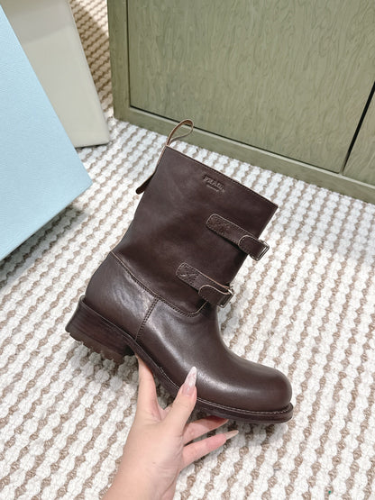 Pra 2025 Boot With Two Silver Buckle Dark Brown Calfskin 556291