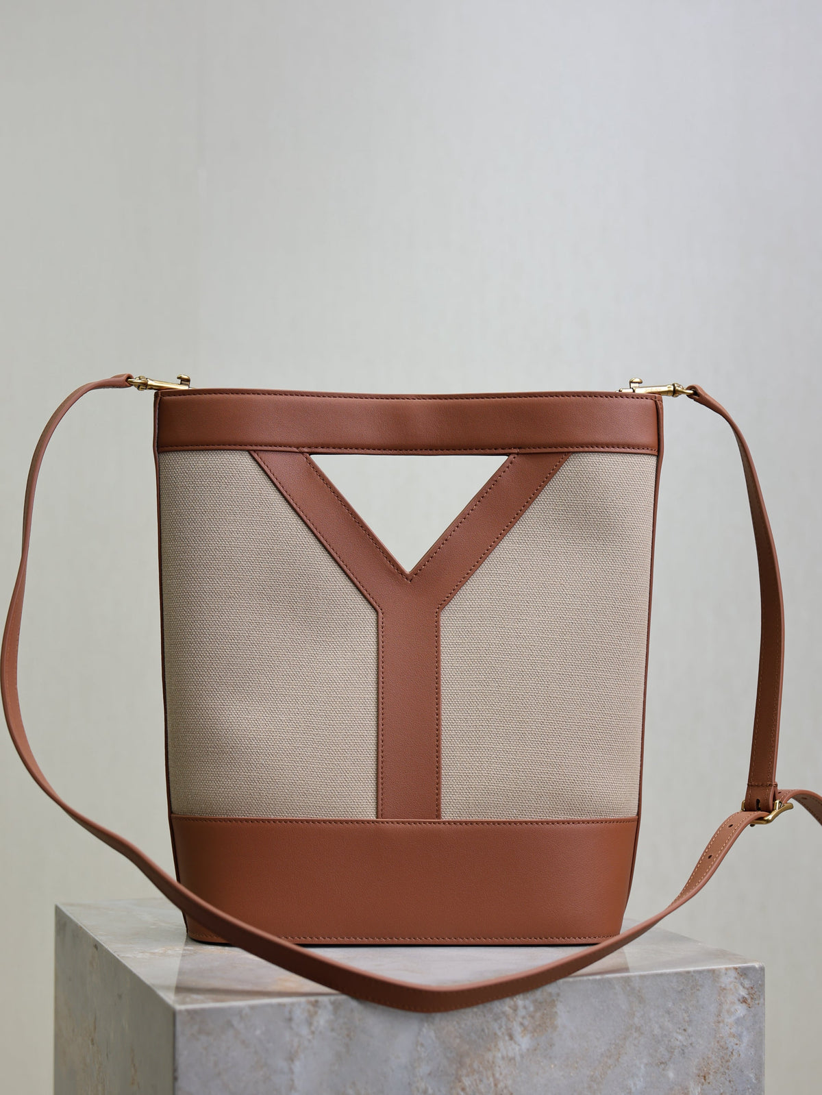 Prada Y Small Bucket 23cm Caramel Beige Canvas Leather