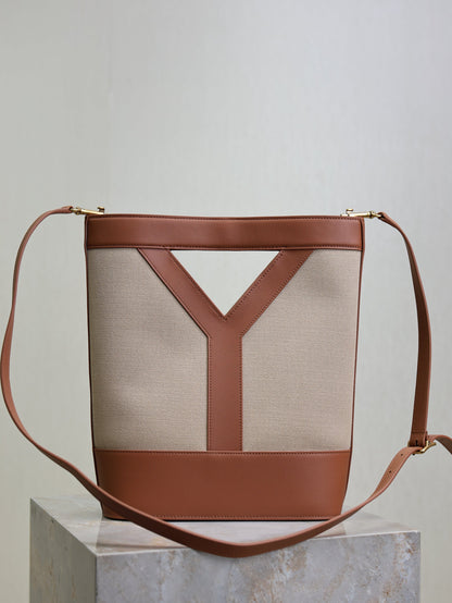 Prada Y Small Bucket 23cm Caramel Beige Canvas Leather