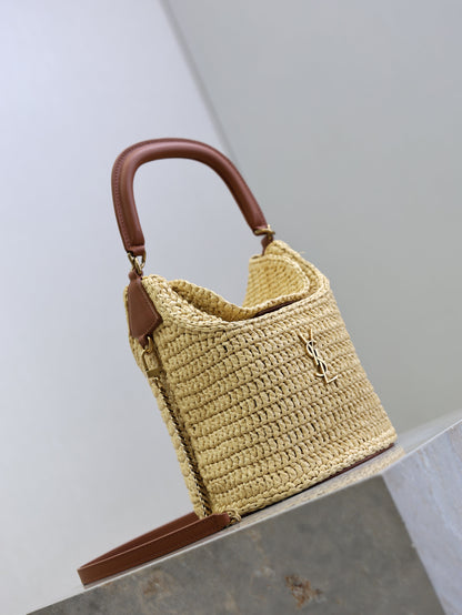 Prada GabyBucket 17cm Brown Beige Raffia Leather GHW