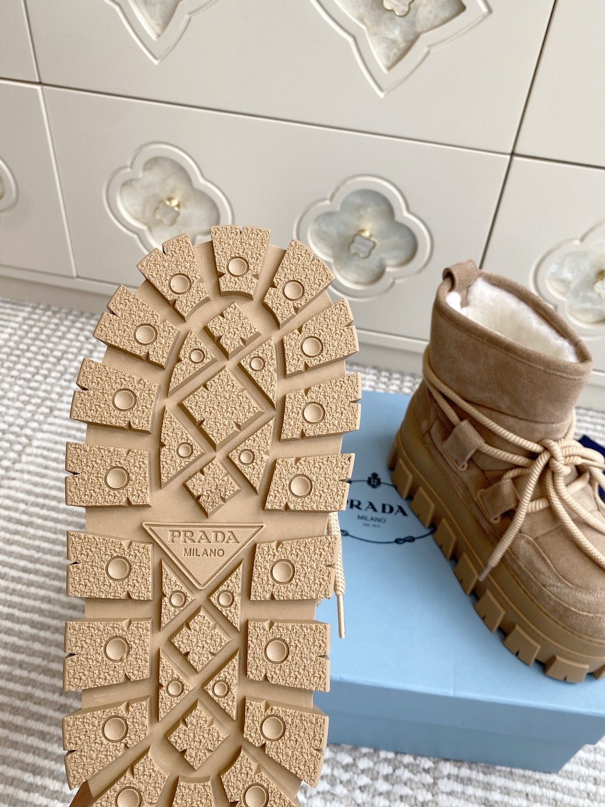 Prada 25 Shearling Apres-ski Boots Beige Suede Calfskin