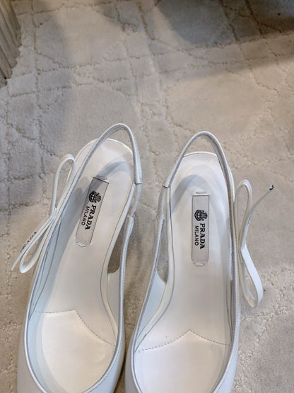 Prada 26s Open-Back High Heels White Patent Leather 615388