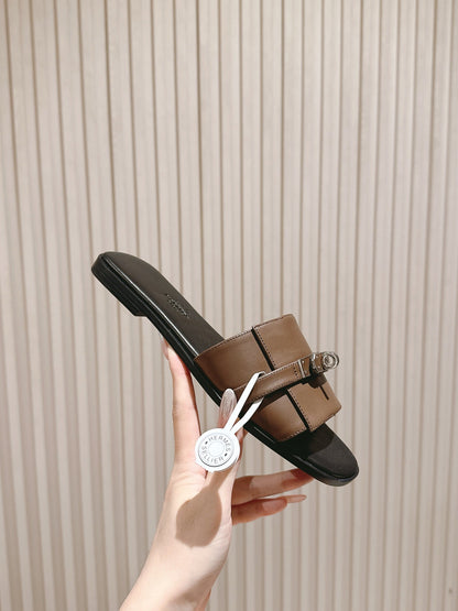 HM 2026 Flat Slippers Black Brown Calfskin 655861