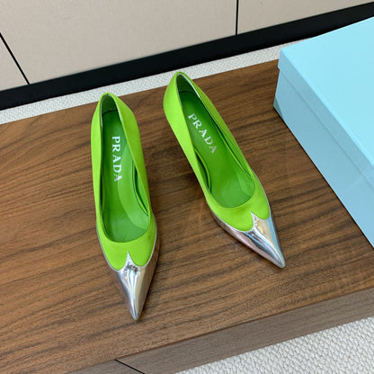 Prada Pumps 8.5cm Green Satin Sliver Patent Leather 896186