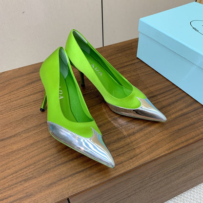 Prada Pumps 8.5cm Green Satin Sliver Patent Leather 896186